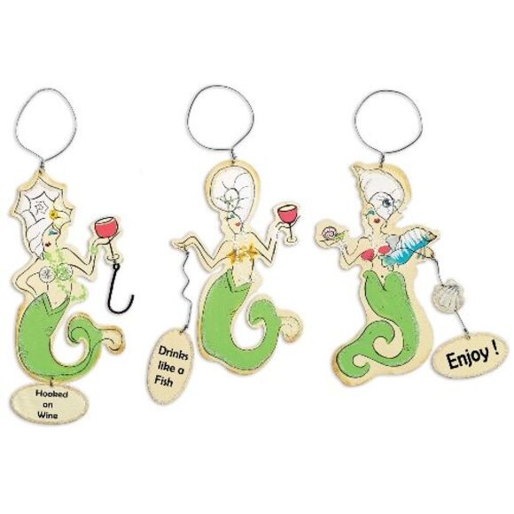 Make a Splash Drink Like a Fish Mermaids Wine Bottle Charms Set of 3 - Picture 1 of 8